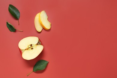 Photo of Cut apple and green leaves on red background, flat lay. Space for text