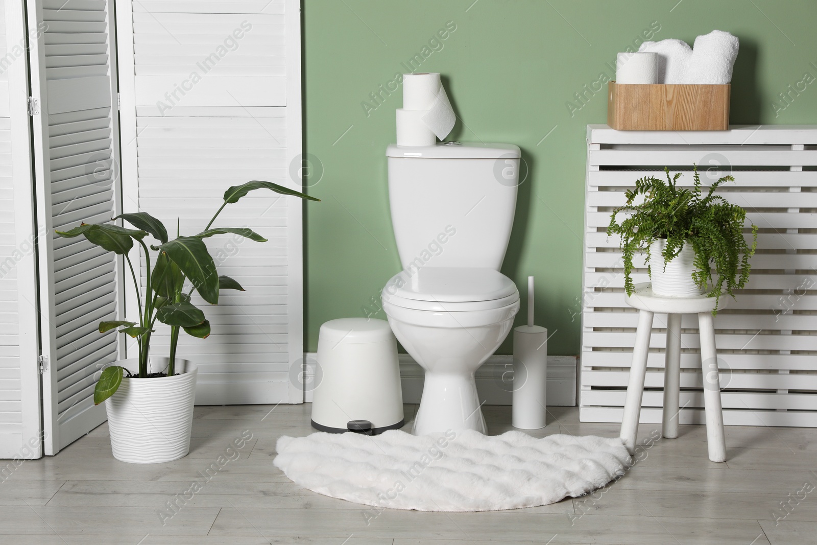 Photo of Folding screen, toilet bowl and houseplants in restroom