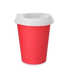 Photo of Paper cup with lid on white background. Mockup for design