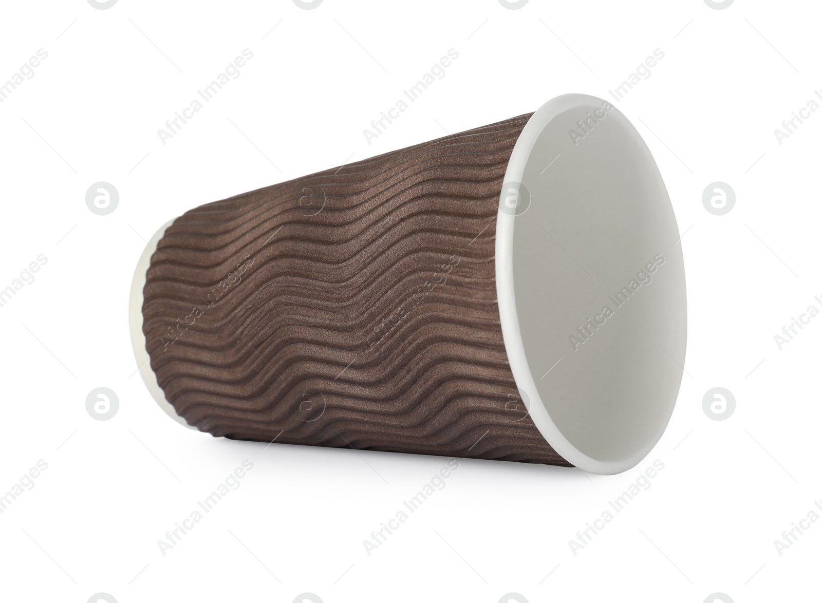 Photo of One paper cup on white background. Mockup for design