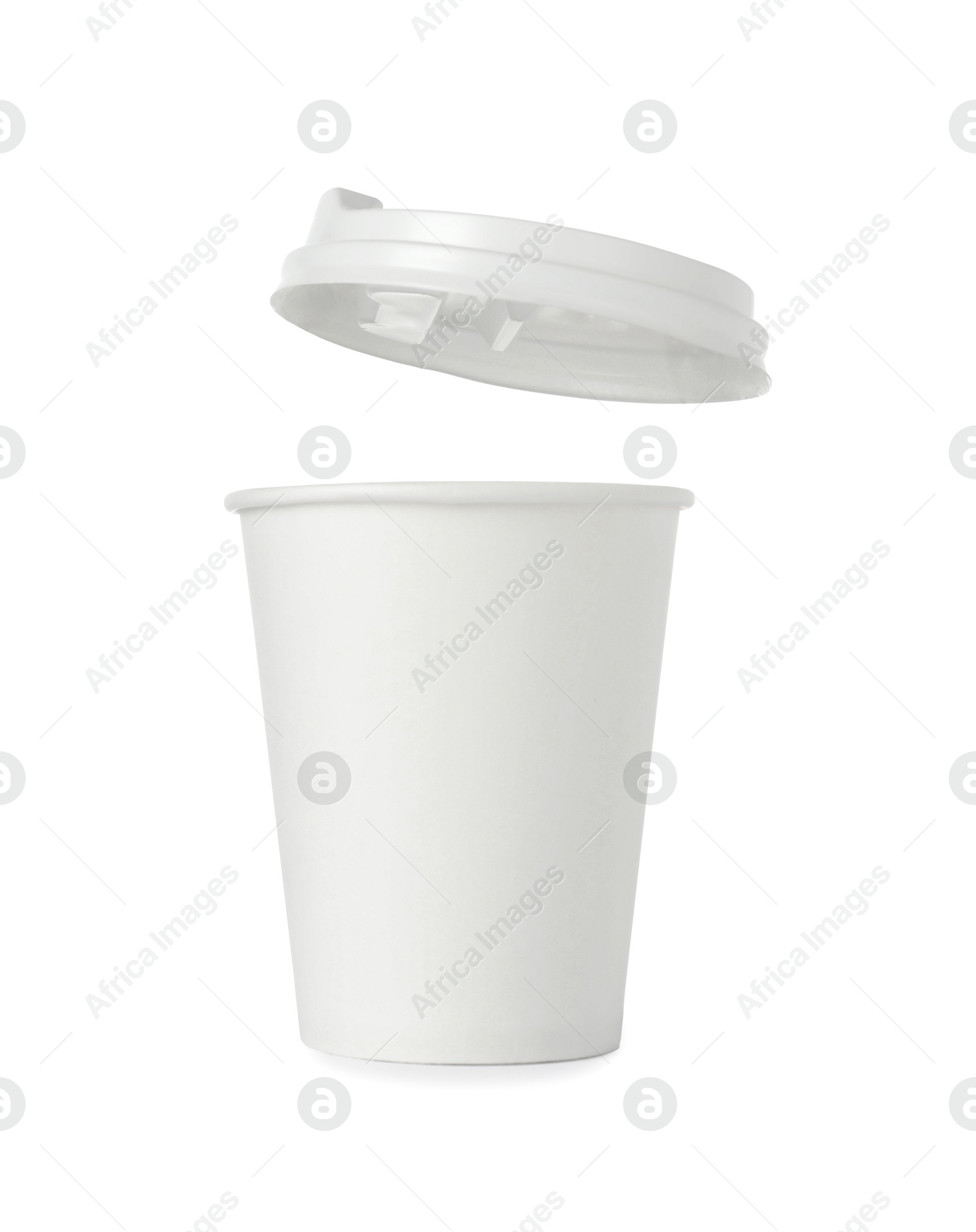 Photo of Paper cup with lid on white background. Mockup for design