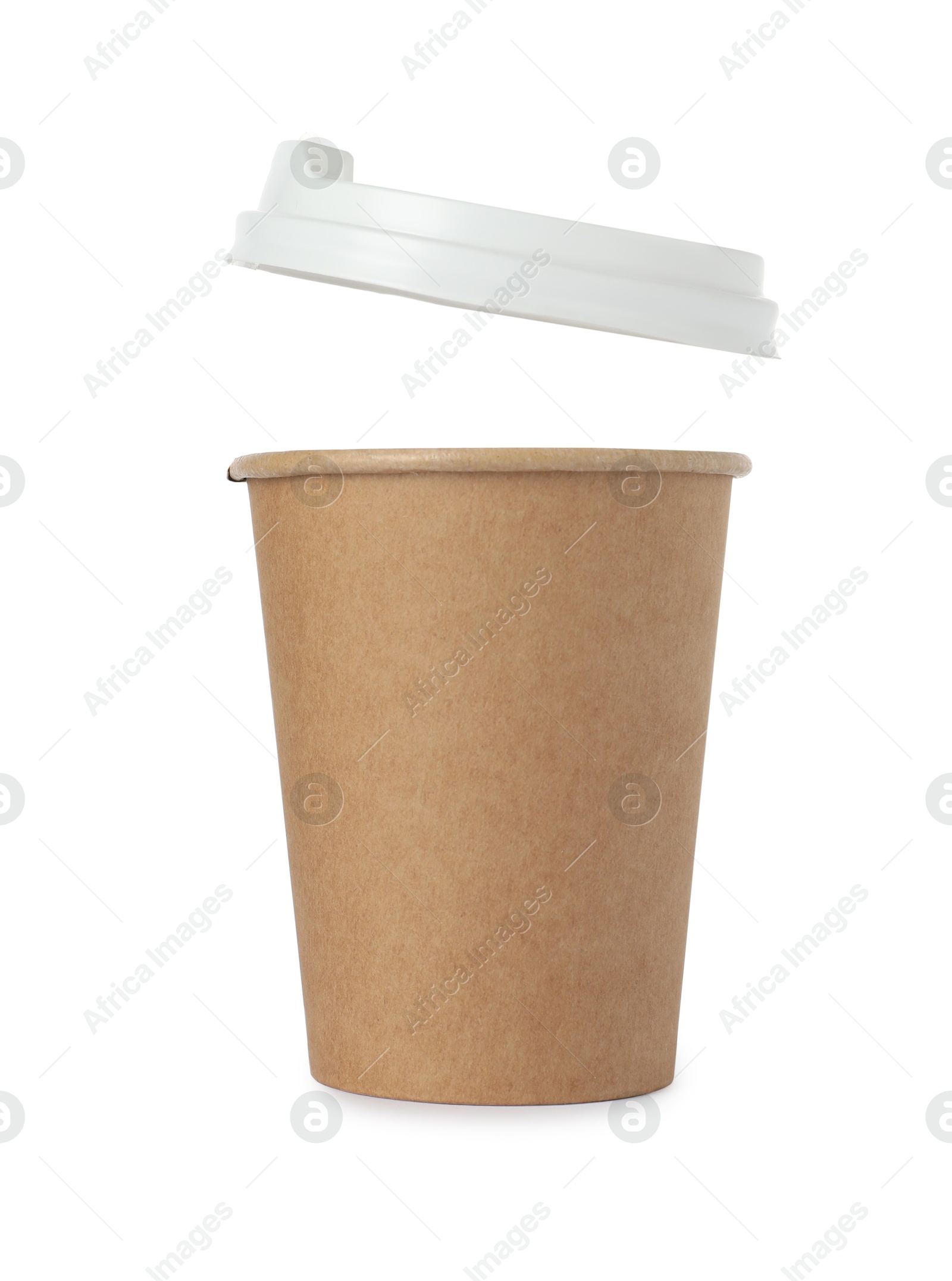 Photo of Paper cup with lid on white background. Mockup for design