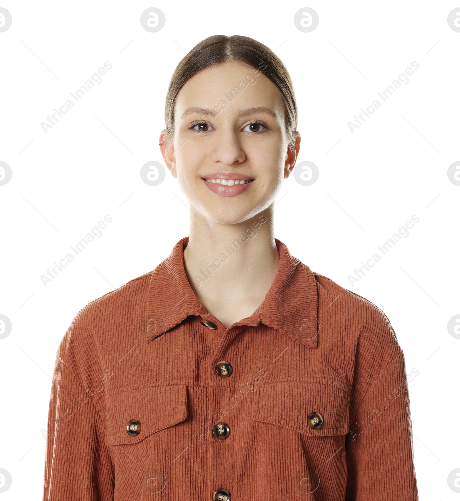 Photo of Portrait of smiling teenage girl on white background