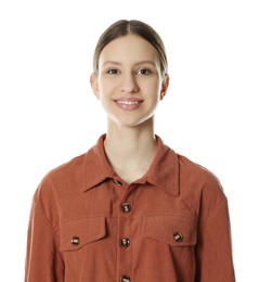 Photo of Portrait of smiling teenage girl on white background