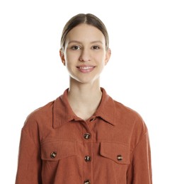 Photo of Portrait of smiling teenage girl on white background