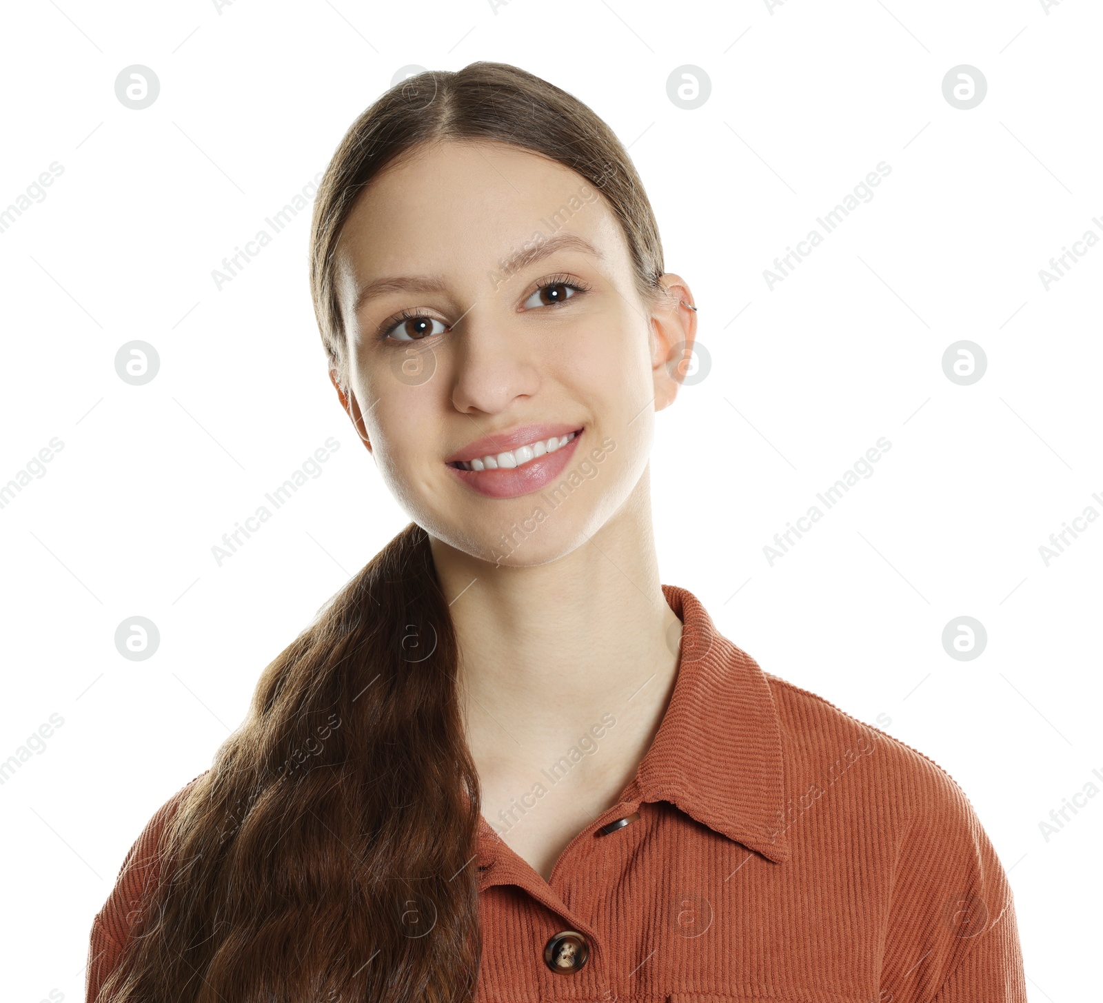 Photo of Portrait of smiling teenage girl on white background