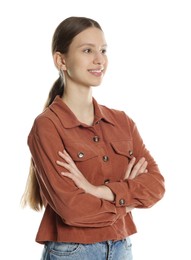 Photo of Portrait of smiling teenage girl with crossed arms on white background