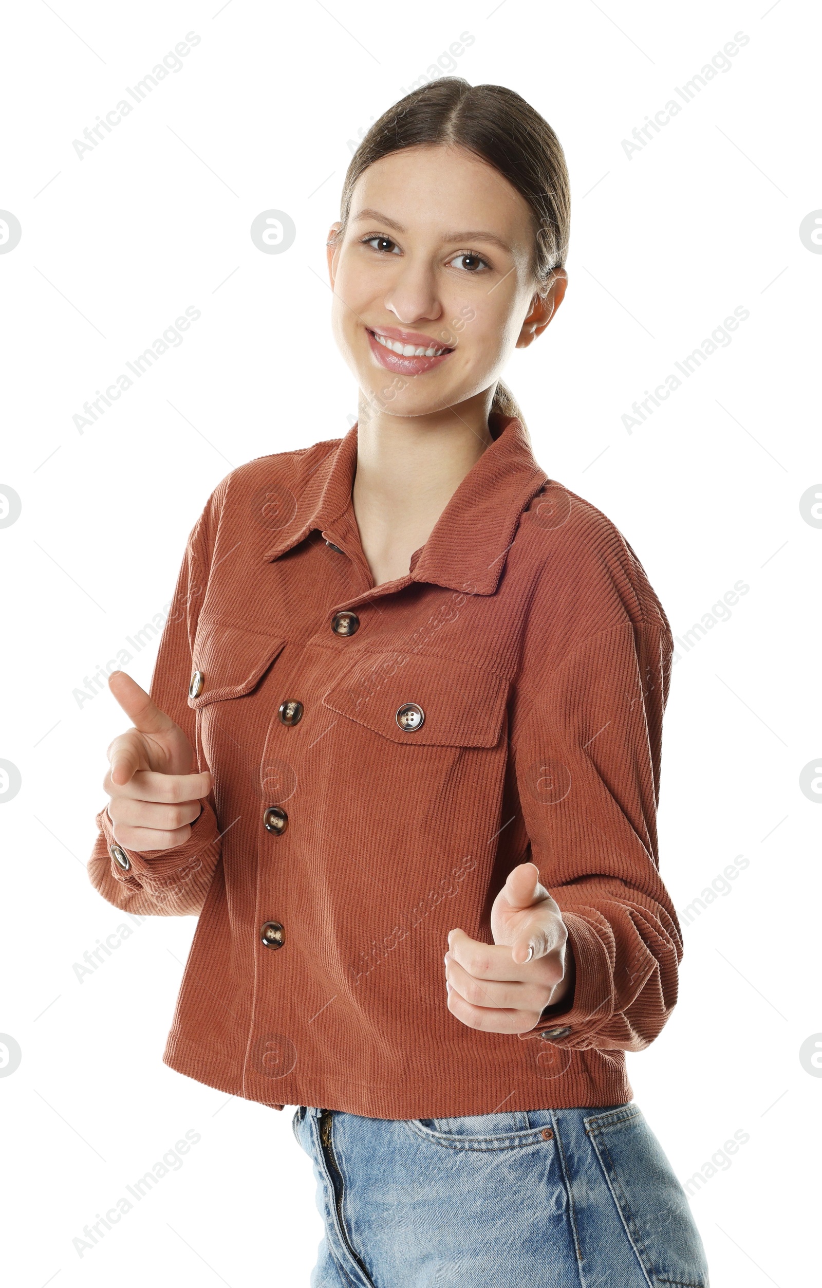 Photo of Portrait of smiling teenage girl gesturing on white background