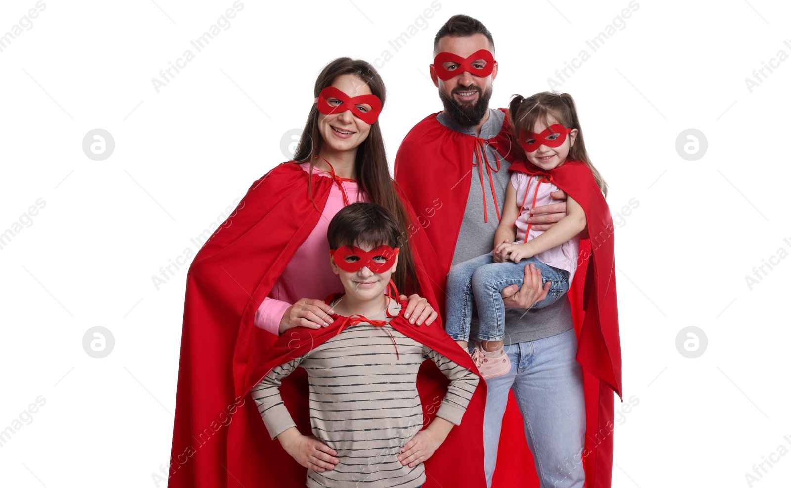 Photo of Parents and their children wearing superhero costumes on white background