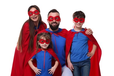 Photo of Parents and their children wearing superhero costumes on white background