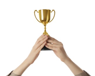 Photo of Woman with golden trophy cup on white background, closeup