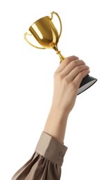 Photo of Woman with golden trophy cup on white background, closeup