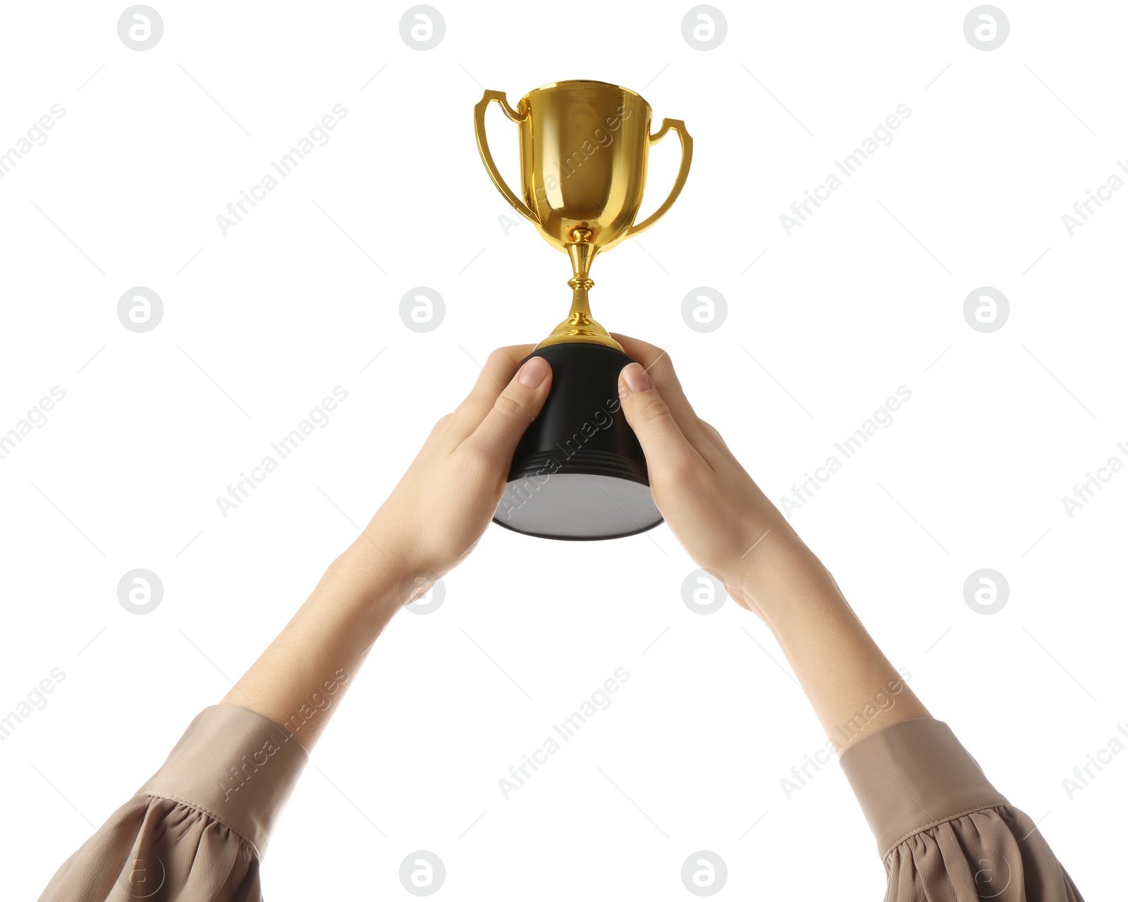 Photo of Woman with golden trophy cup on white background, closeup