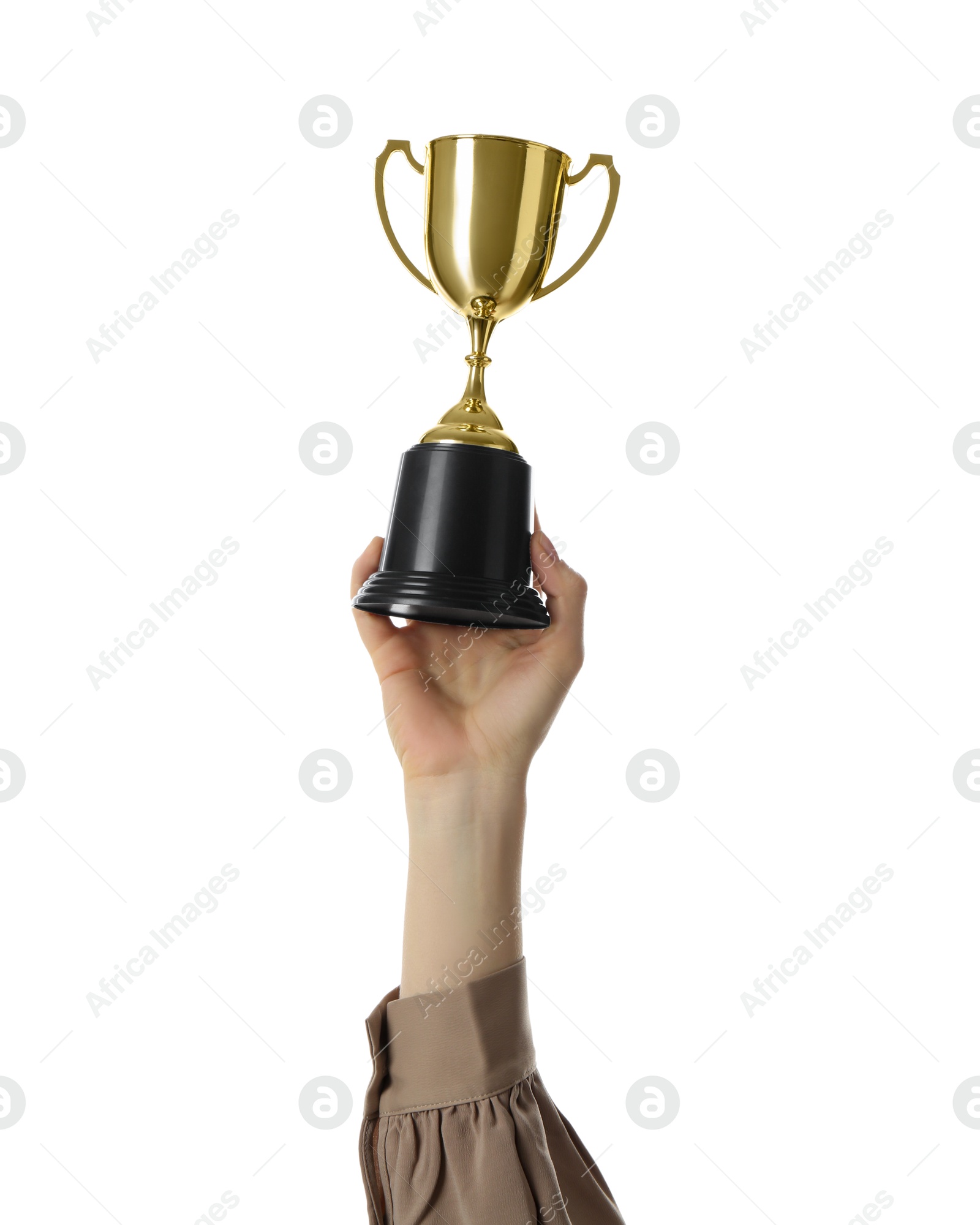 Photo of Woman with golden trophy cup on white background, closeup