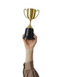 Photo of Woman with golden trophy cup on white background, closeup