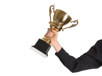 Photo of Woman with golden trophy cup on white background, closeup