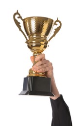 Photo of Woman with golden trophy cup on white background, closeup