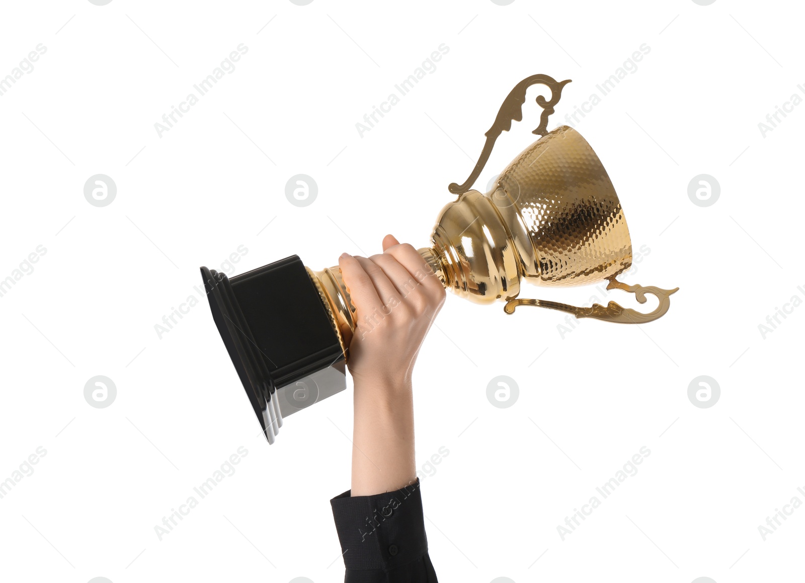 Photo of Woman with golden trophy cup on white background, closeup