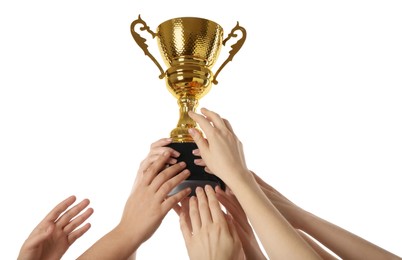 Photo of Group of people with golden trophy up on white background, closeup