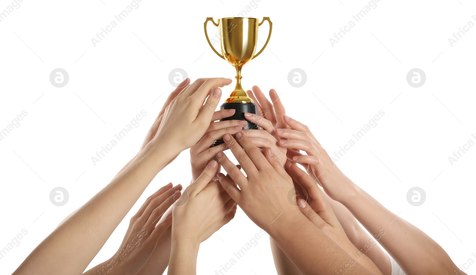 Photo of Group of people with golden trophy up on white background, closeup