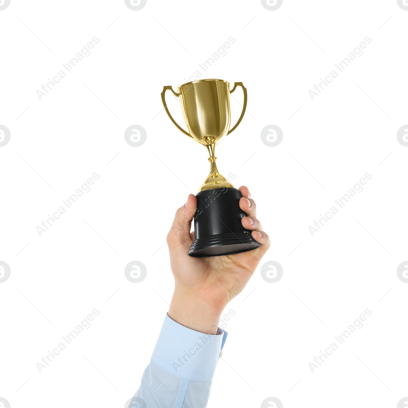 Photo of Man with golden trophy cup on white background, closeup