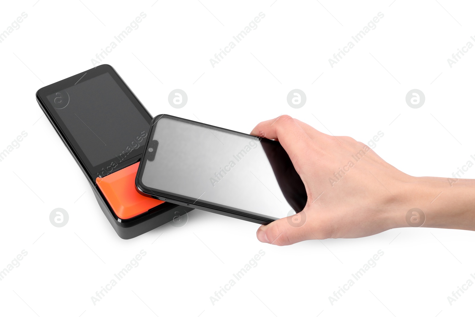 Photo of Woman with smartphone using payment terminal on white background, closeup