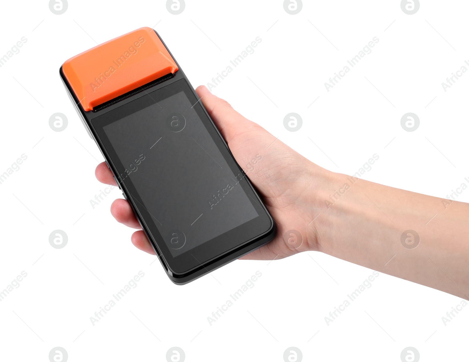 Photo of Woman with payment terminal on white background, closeup