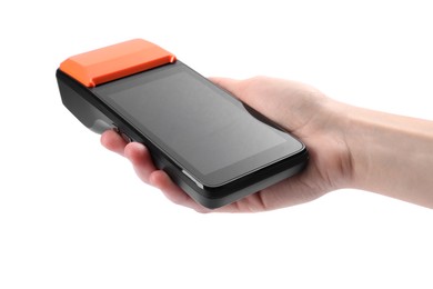 Photo of Woman with payment terminal on white background, closeup