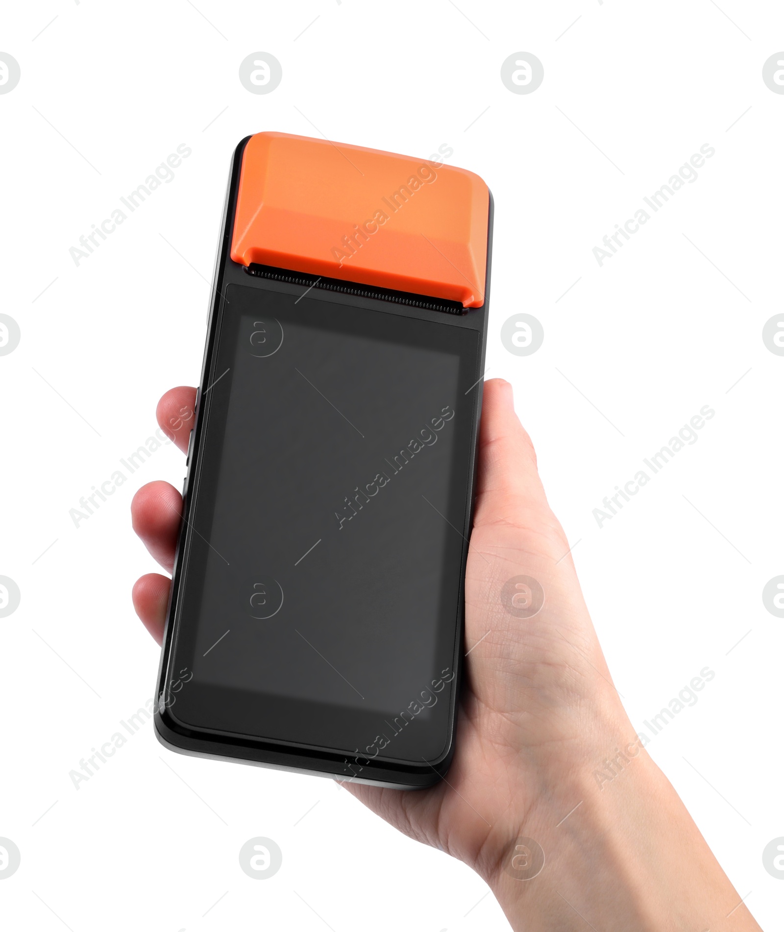 Photo of Woman with payment terminal on white background, closeup