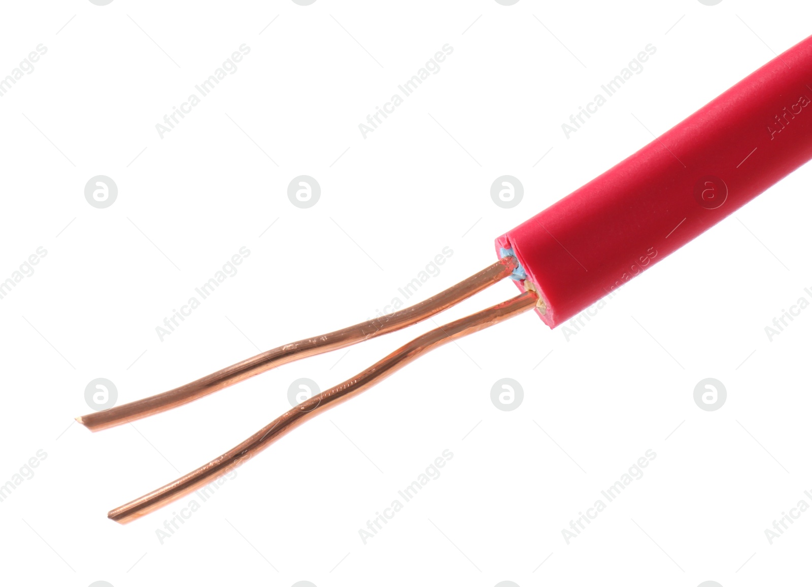 Photo of Stripped electrical wire with copper strands on white background