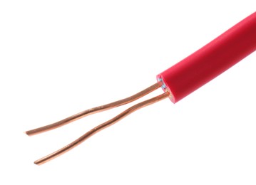 Photo of Stripped electrical wire with copper strands on white background