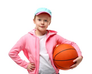 Photo of Little girl with basketball ball on white background