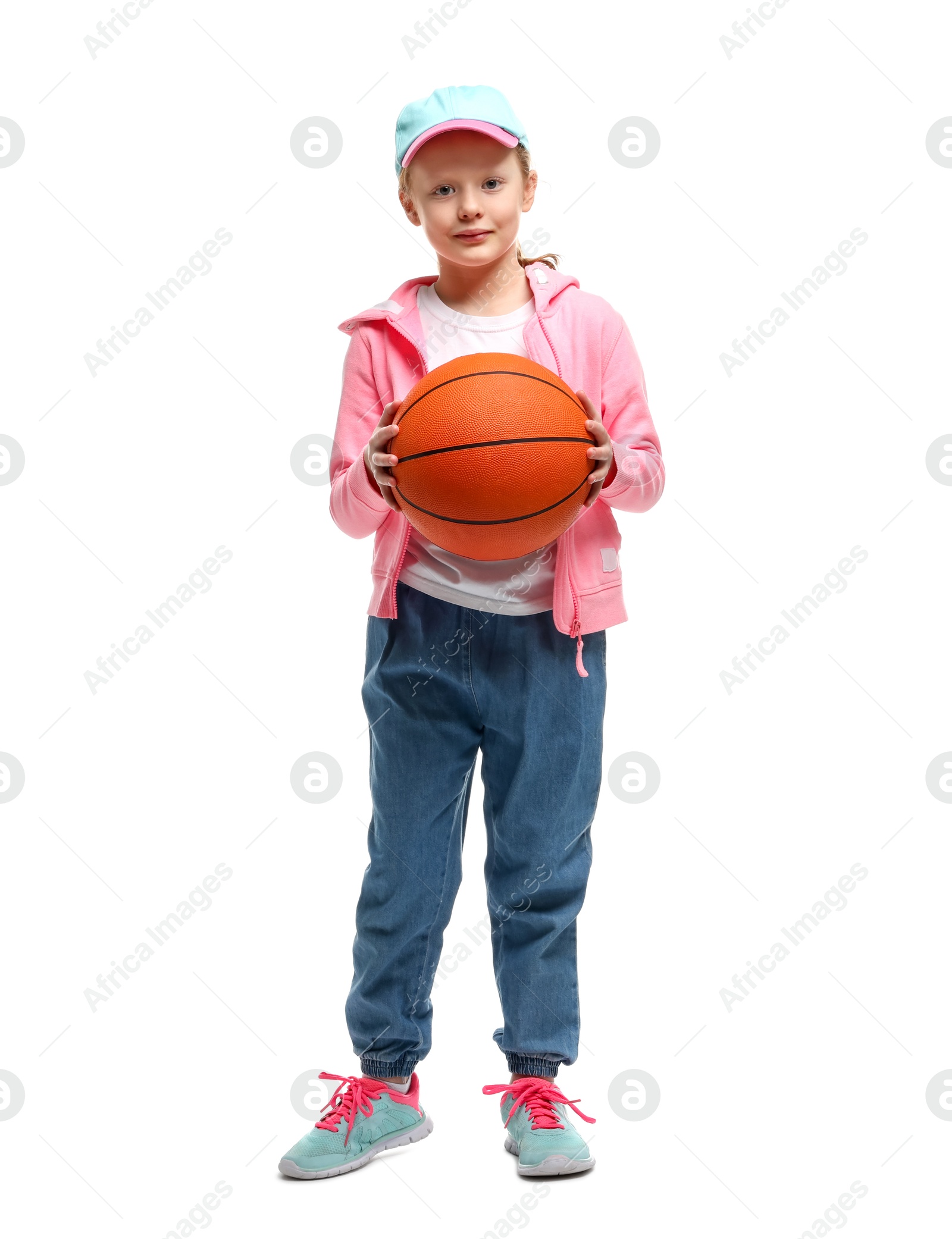 Photo of Little girl with basketball ball on white background