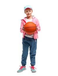 Photo of Little girl with basketball ball on white background