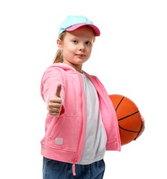 Photo of Little girl with basketball ball showing thumbs up on white background