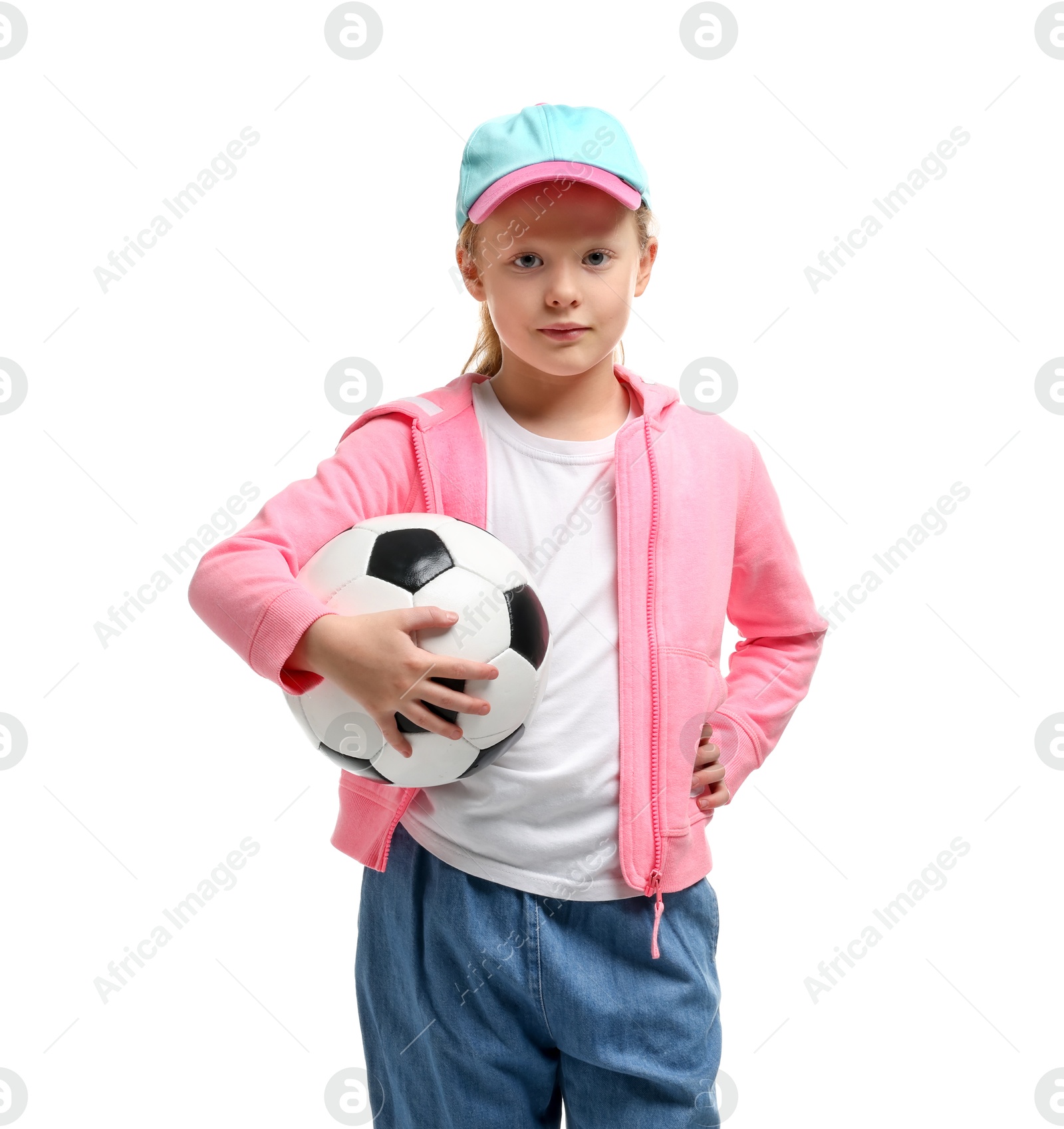 Photo of Little girl with soccer ball on white background