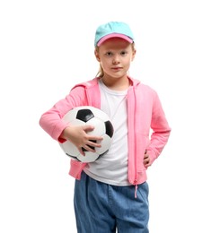 Photo of Little girl with soccer ball on white background