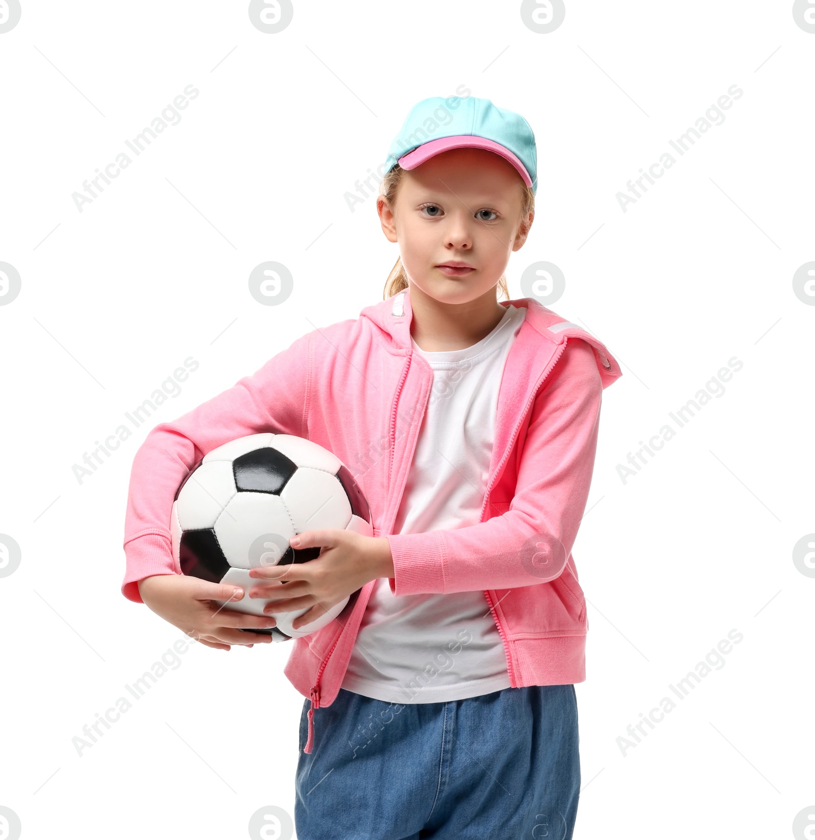 Photo of Little girl with soccer ball on white background