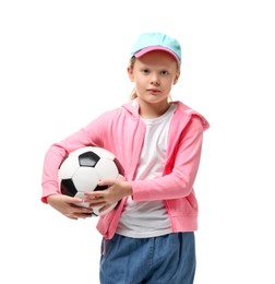 Photo of Little girl with soccer ball on white background