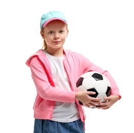 Photo of Little girl with soccer ball on white background