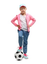 Photo of Little girl with soccer ball on white background