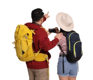 Photo of Travellers with backpacks taking photo on white background, back view