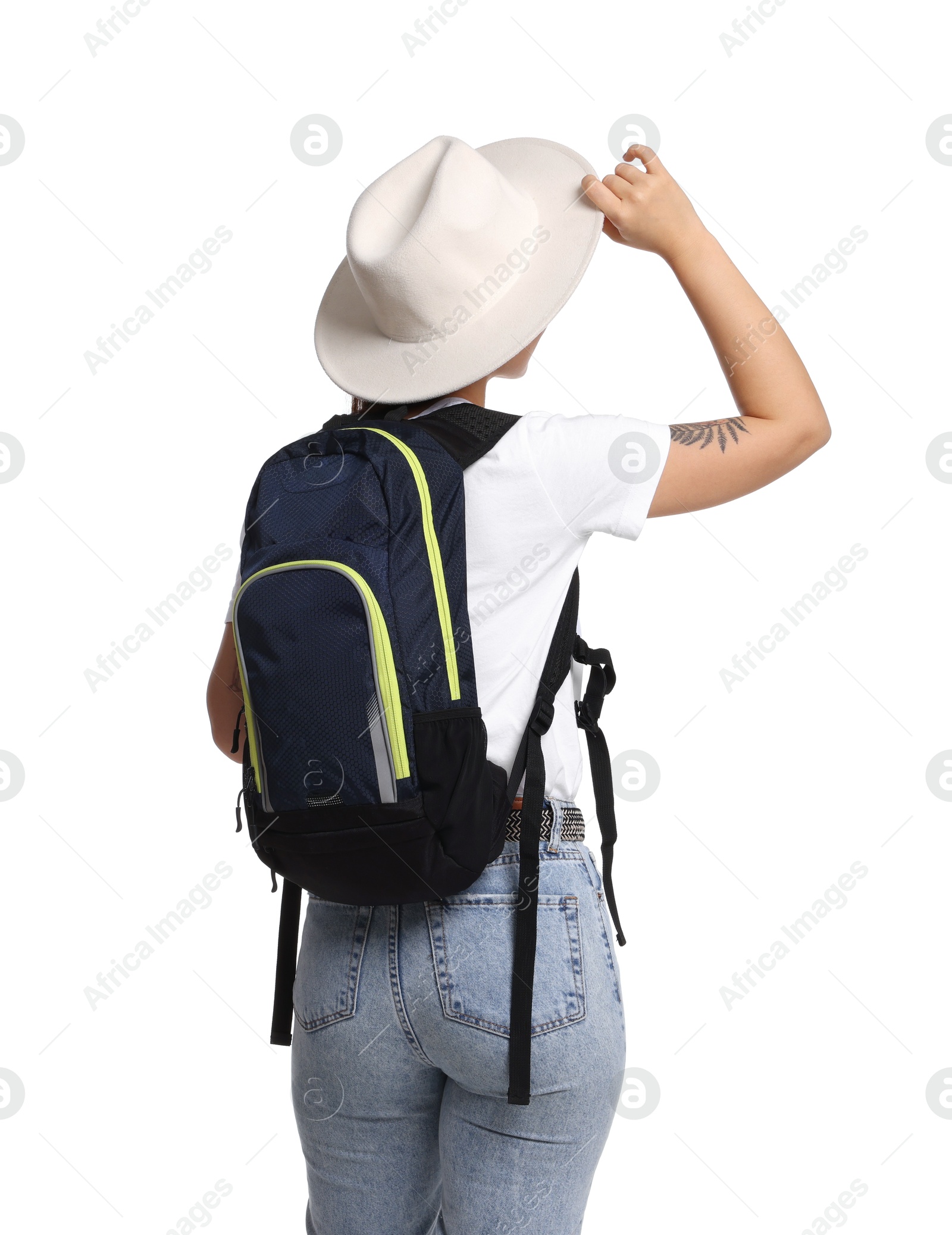 Photo of Traveller in hat with backpack on white background, back view