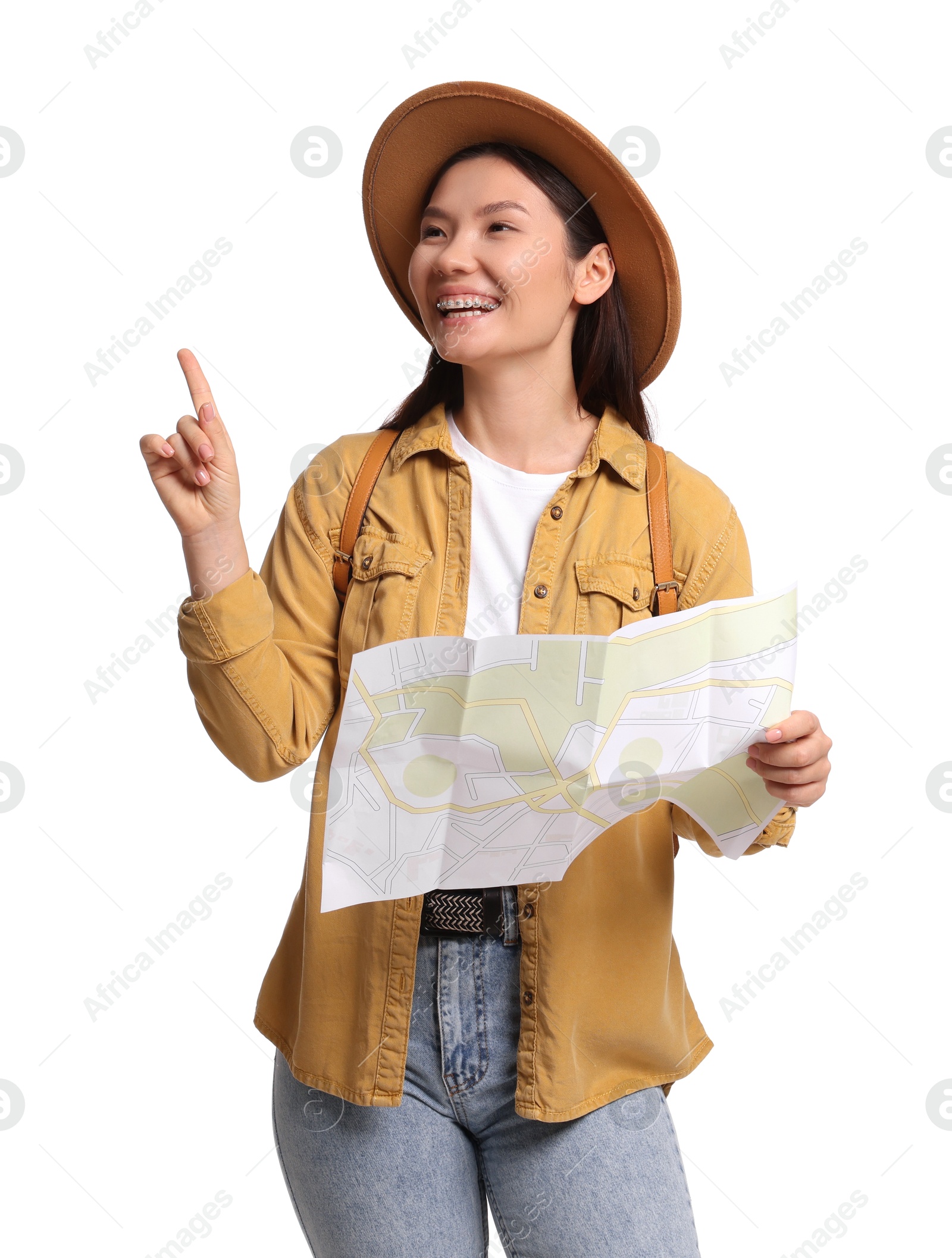 Photo of Happy traveller with map on white background