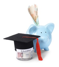 Photo of Graduate hat, euro banknotes, piggy bank and glass jar with word Education isolated on white. Tuition payment