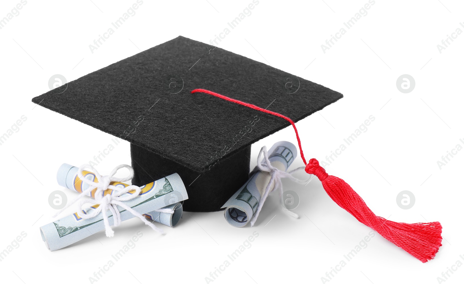 Photo of Graduate hat and dollar banknotes isolated on white. Tuition payment