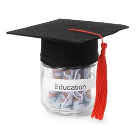 Photo of Graduate hat and dollar banknotes in glass jar with word Education isolated on white. Tuition payment