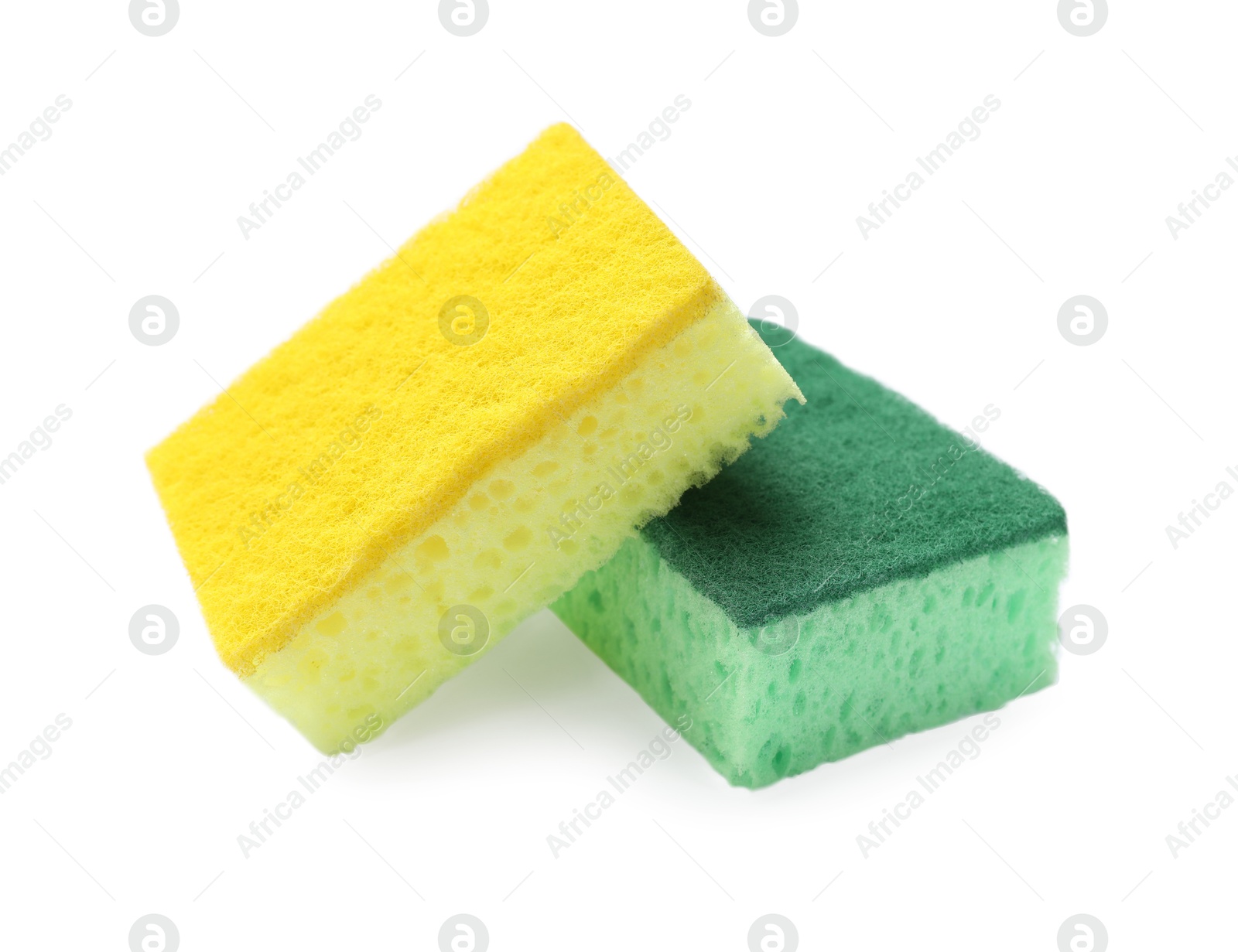 Photo of Colorful sponges isolated on white. Cleaning tools