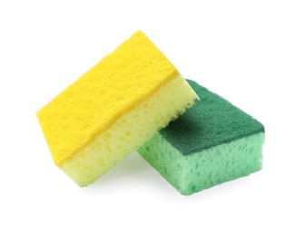 Photo of Colorful sponges isolated on white. Cleaning tools