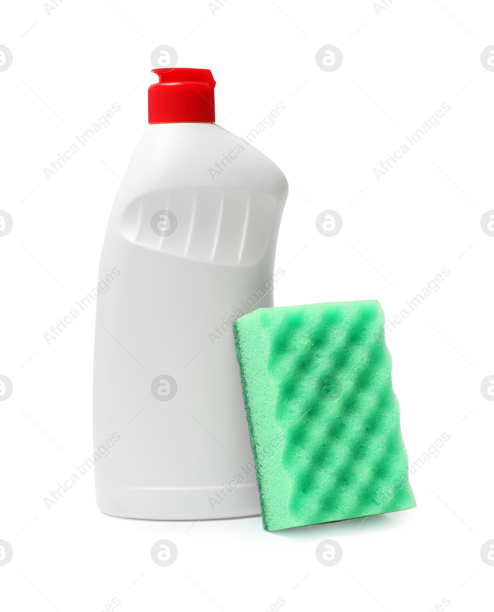 Photo of Sponge and dish soap isolated on white